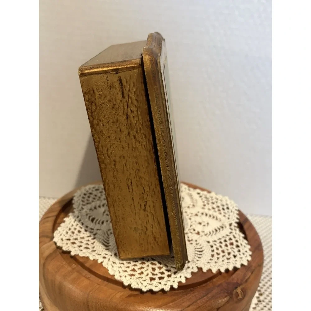 Vintage Decorative Wooden Portrait Keepsake Box, Gold Red, Hinged Lid, Trinket.